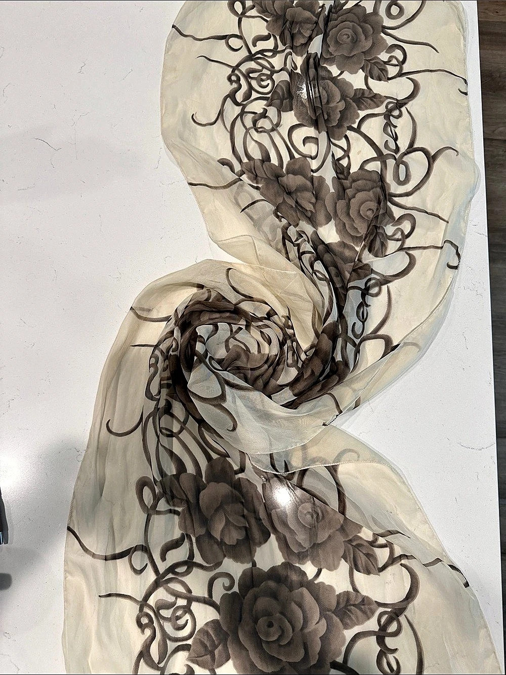 Sheer Floral Scarf in Cream & Brown